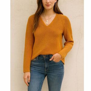 J Crew High Low Hem Cotton V-Neck Cable Knit Tunic Sweater